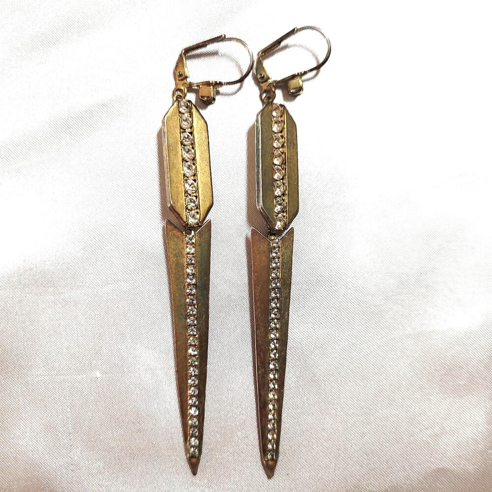 Vtg Signed Sorrelli Spikey Dagger Goldtone Rhinestone Earrings 3.5" Dangle Edgy
